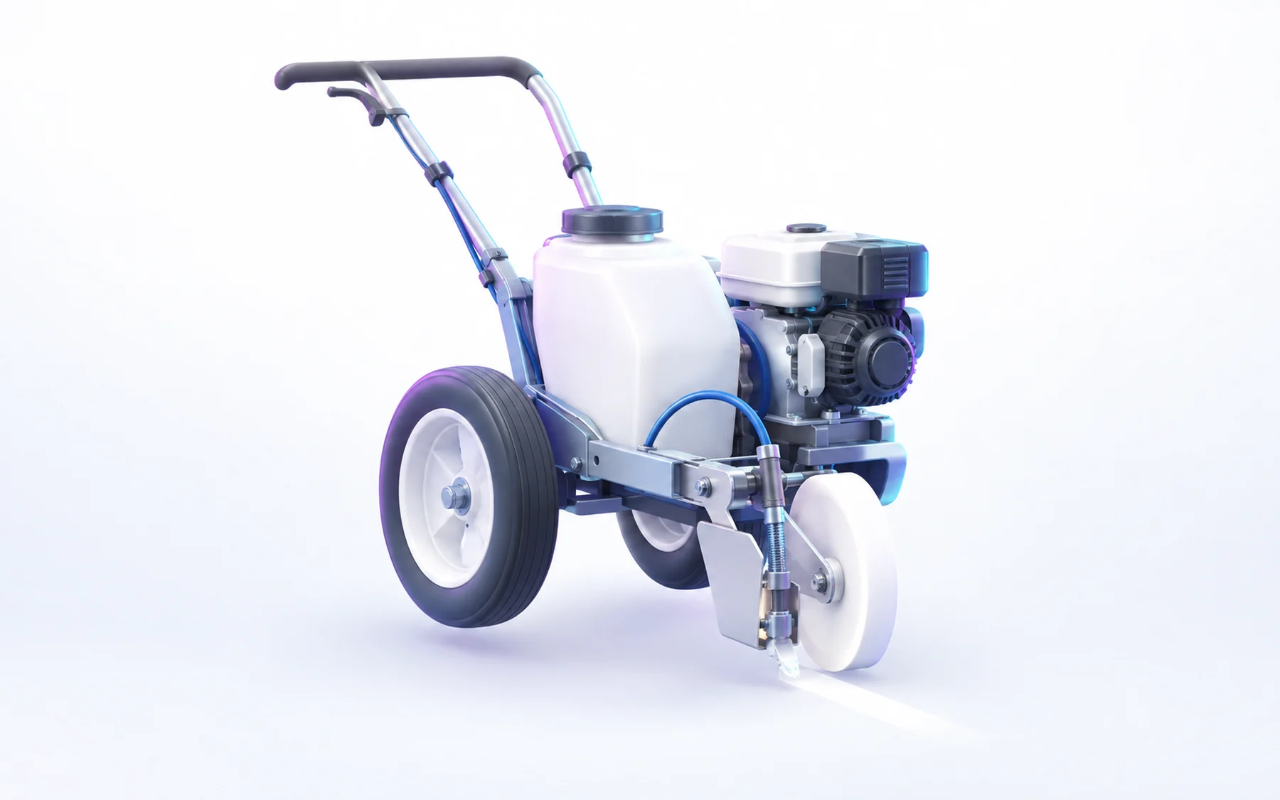 Illustration: a walk-behind line striping machine with a paint tank and a white paint wheel.