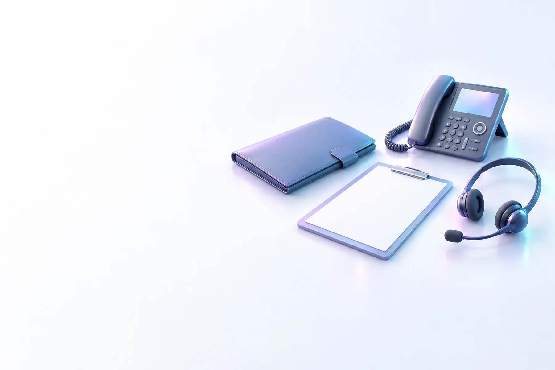 Illustration: a desk phone, a telephone headset, a clipboard with a blank form and a closed case folder.