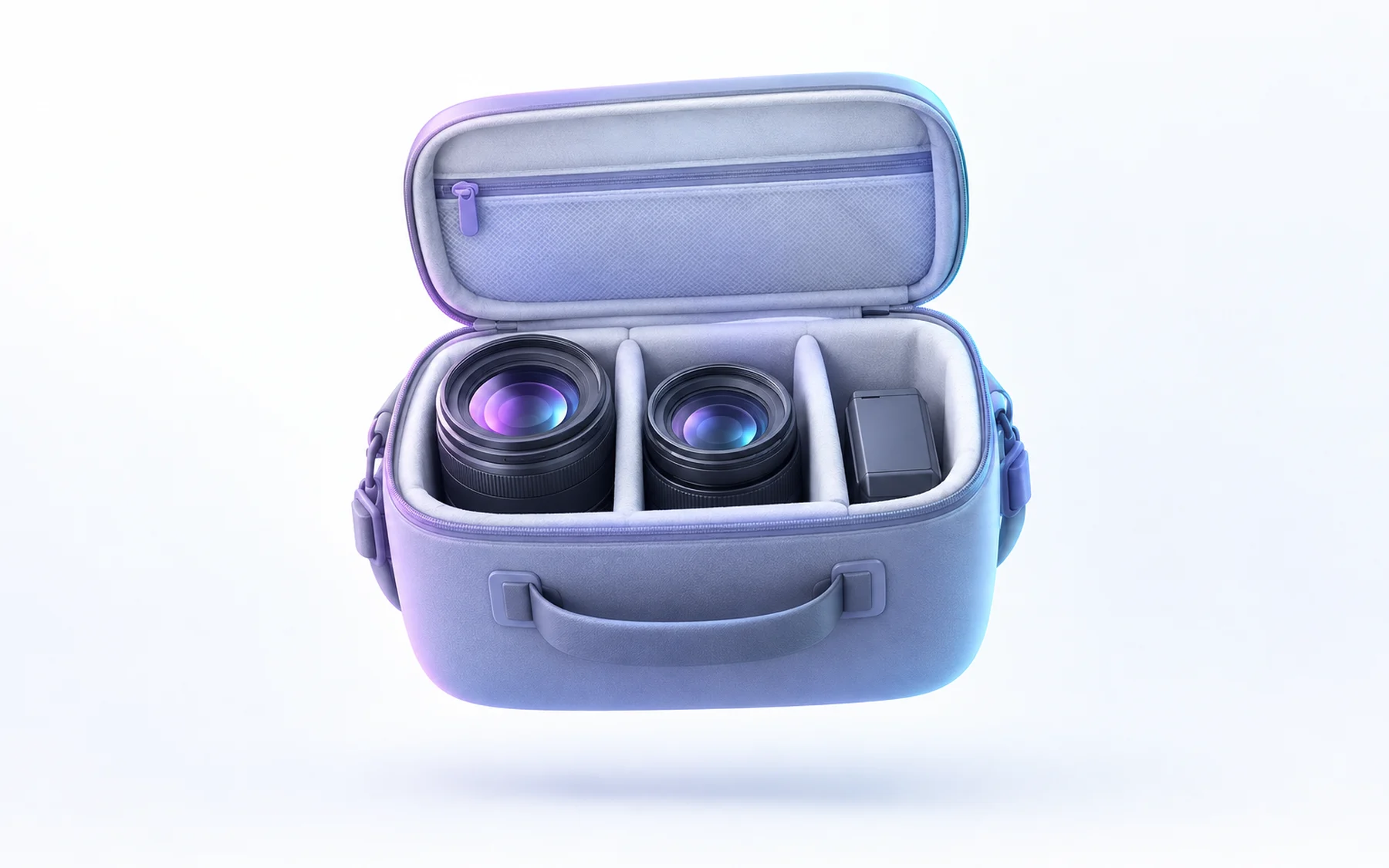 Illustration: an open padded camera bag holding two lenses and a spare battery.