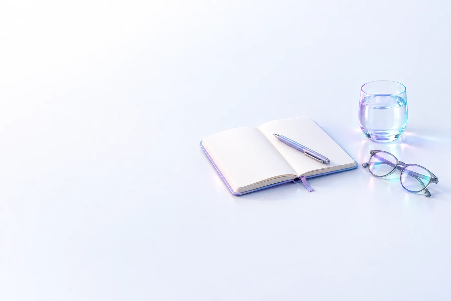 Illustration: an open notebook with a pen, a pair of reading glasses and a glass of water.