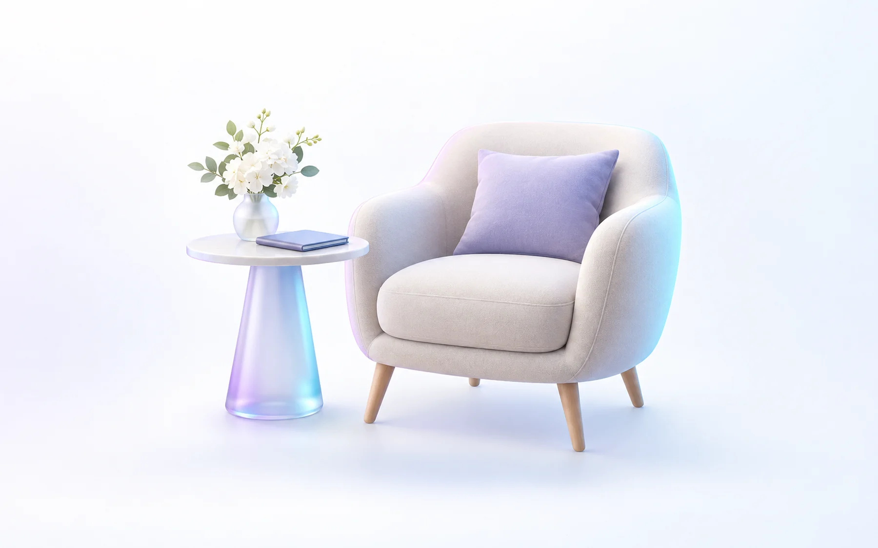 Illustration: a soft armchair with a cushion beside a small side table holding a vase of white flowers and a closed folder.