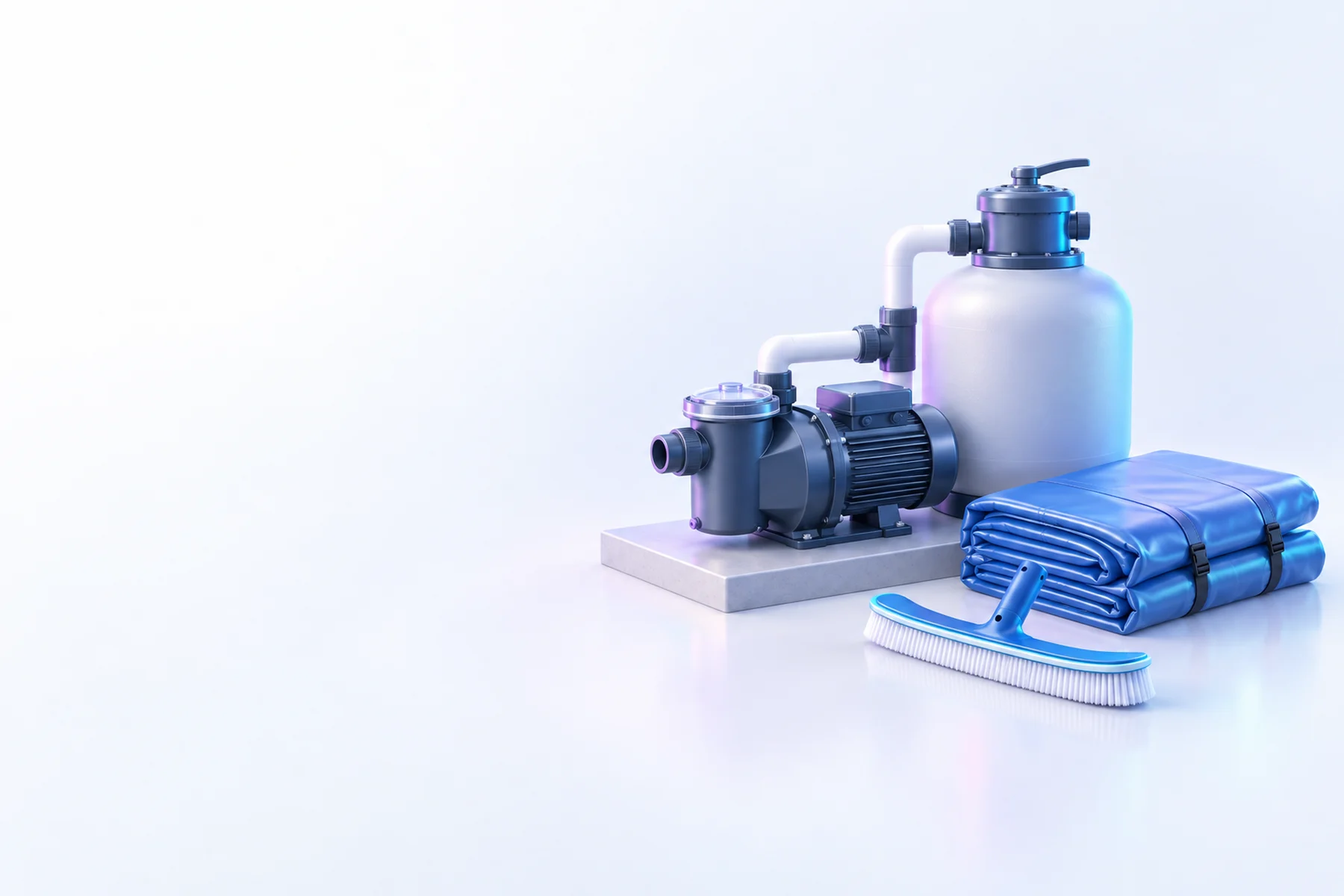 Illustration: a pool pump and filter on an equipment pad beside a folded winter cover and a pool brush.