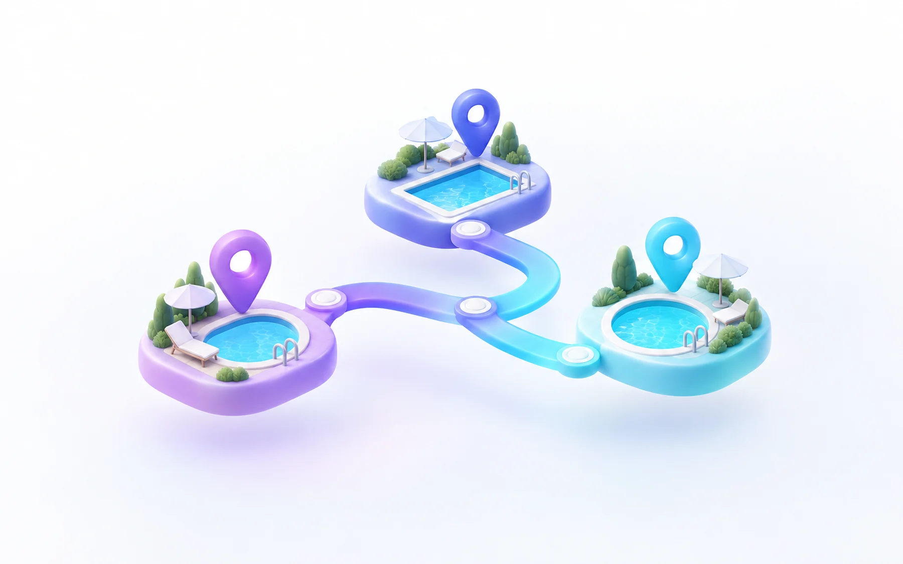 Illustration: a winding route of map pins linking three small backyard pools.