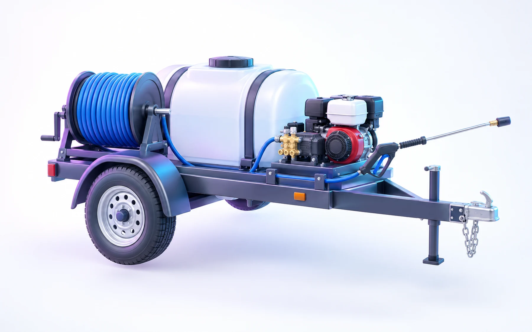 Illustration: a pressure washing trailer carrying a hose reel, a water tank, an engine-driven pump and a spray wand.