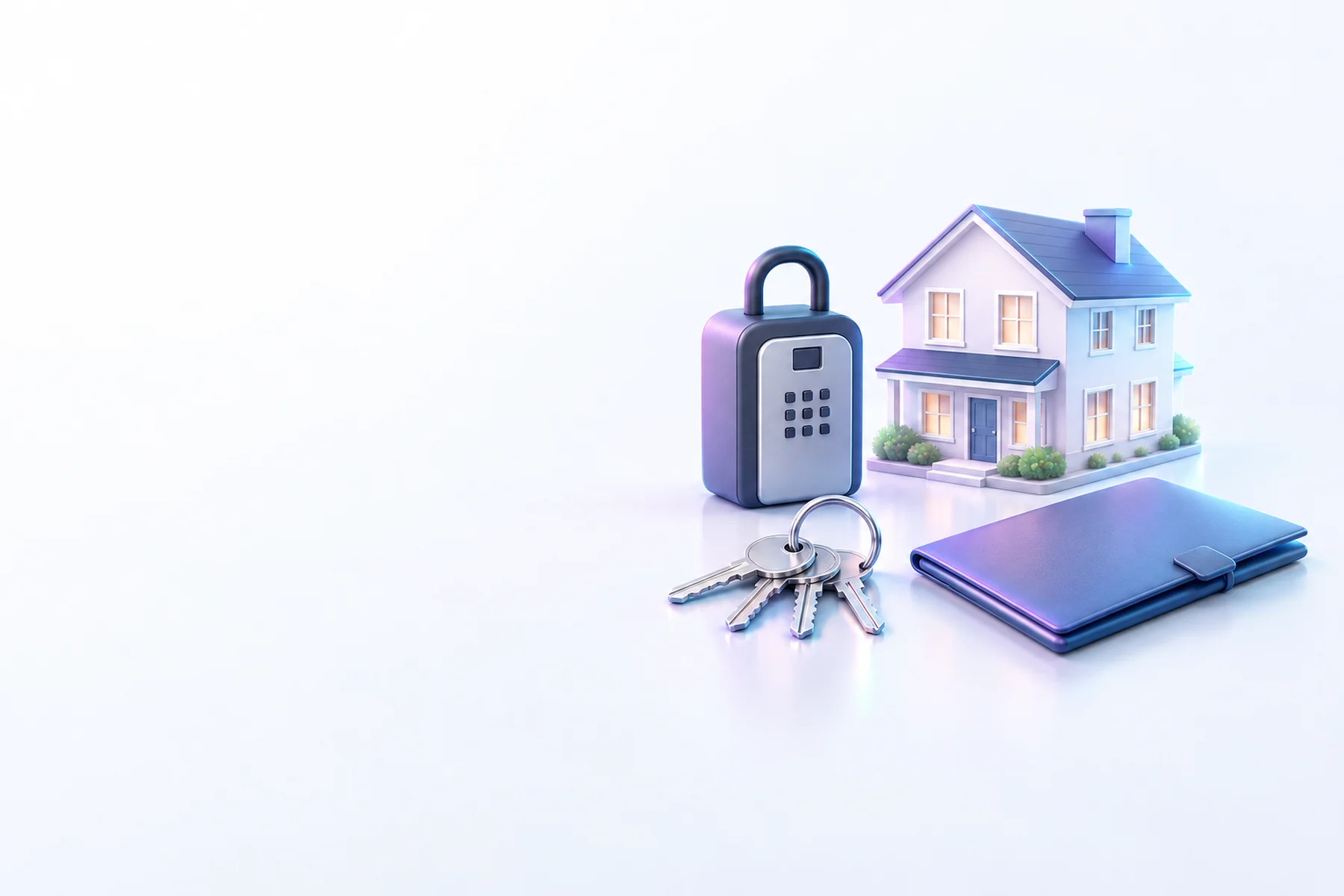 Illustration: a ring of house keys, a key lockbox, a small two-story house and a closed folder.