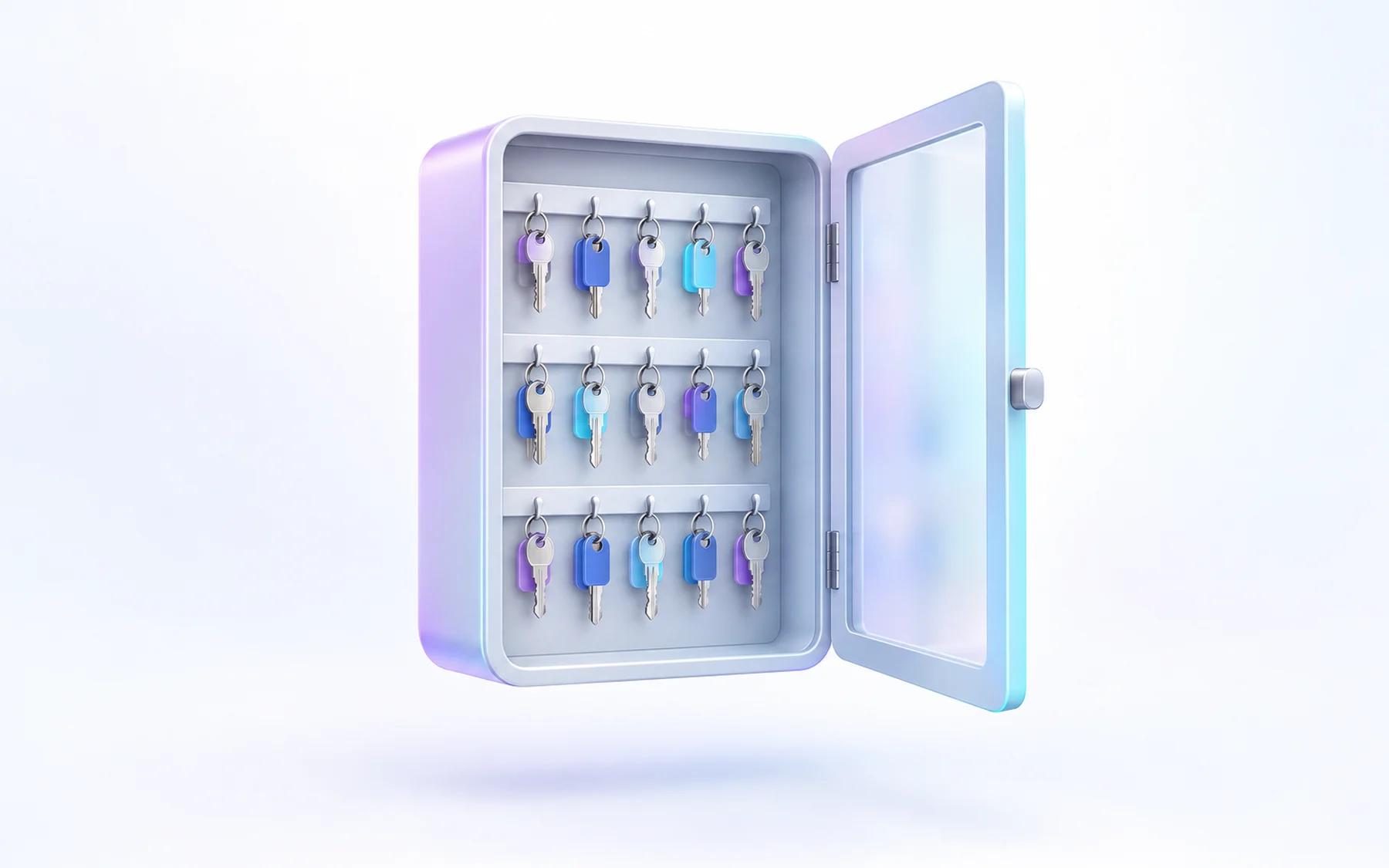 Illustration: a wall key cabinet with its glass door open and rows of house keys on hooks.