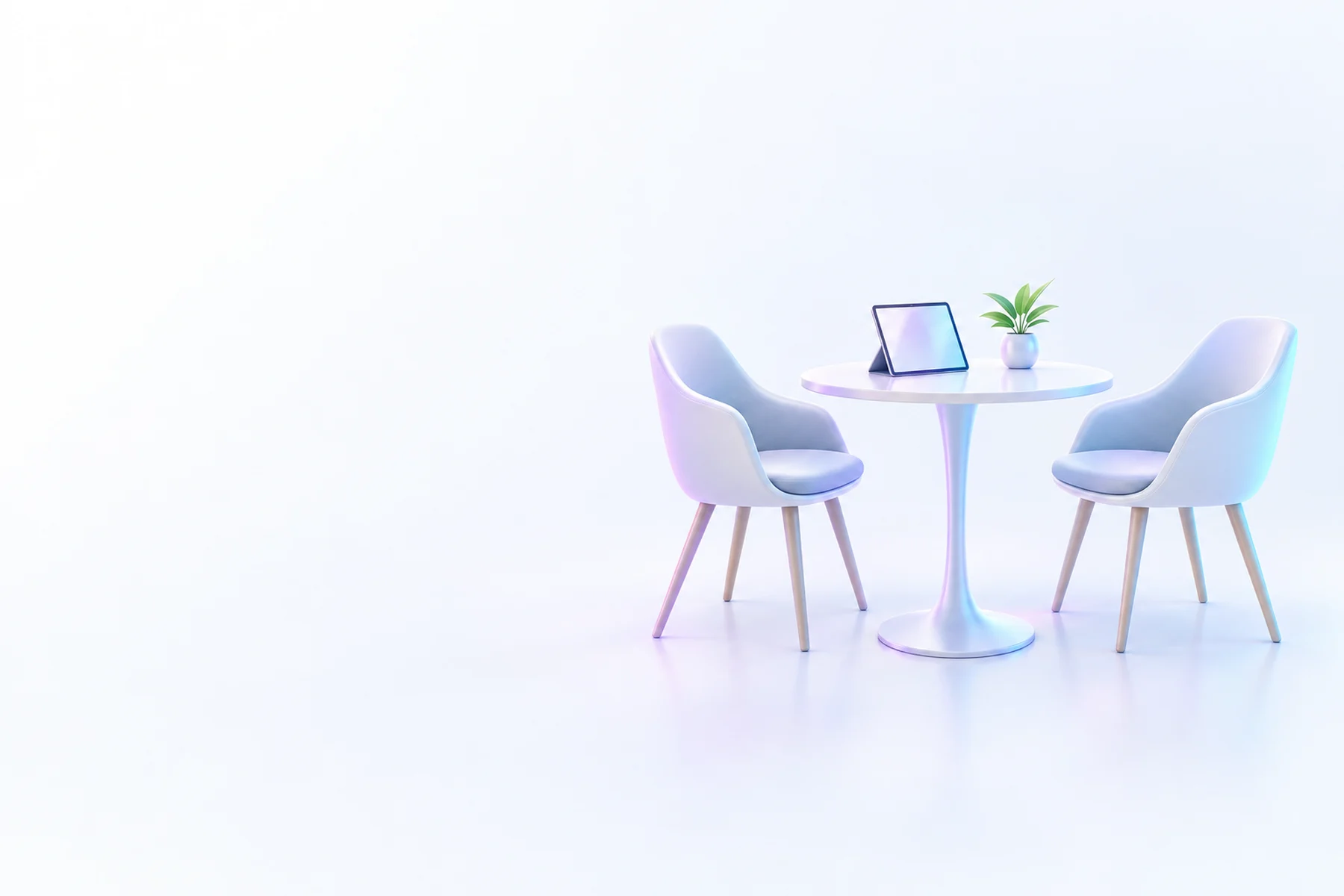 Illustration: a round kitchen table with two facing chairs and a blank tablet on it.