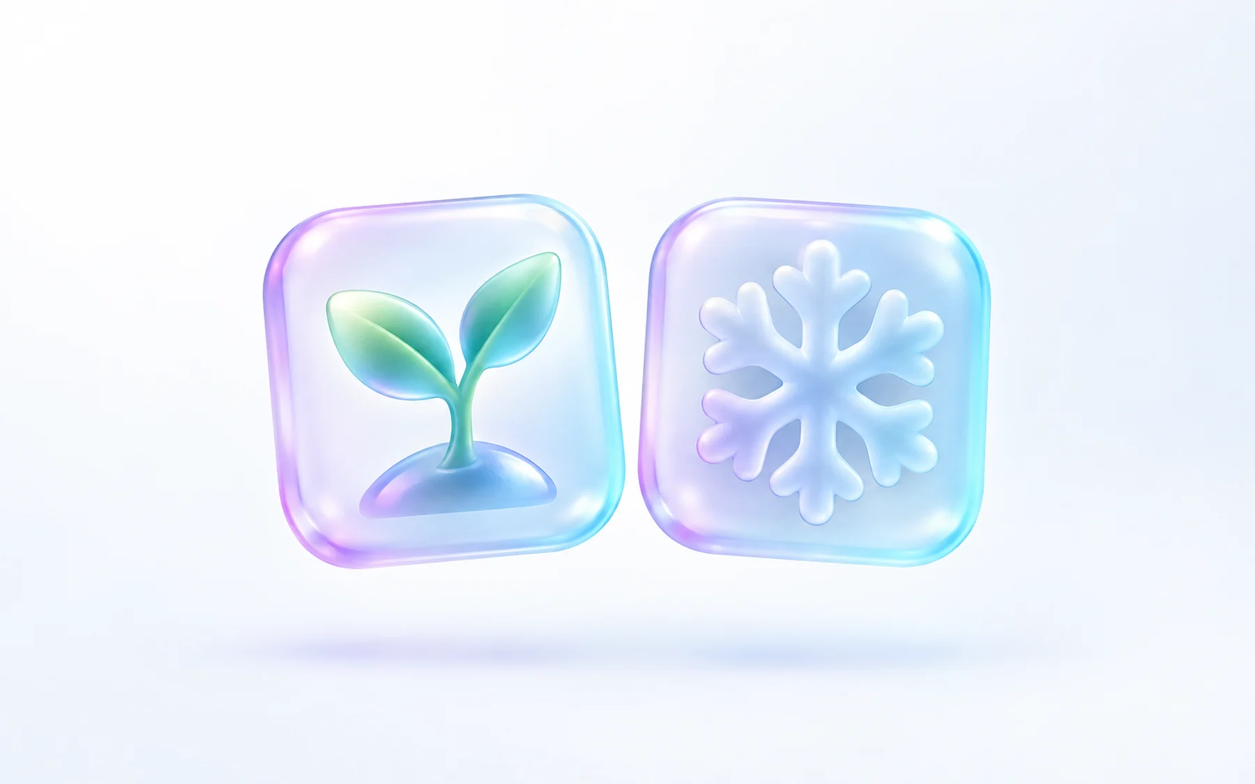 Illustration: two glass tiles, one holding a sprouting plant and one a snowflake.