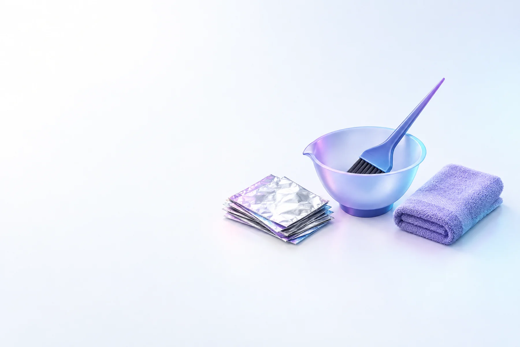 Illustration: a hair color mixing bowl with a tint brush, a stack of foil sheets and a folded towel.