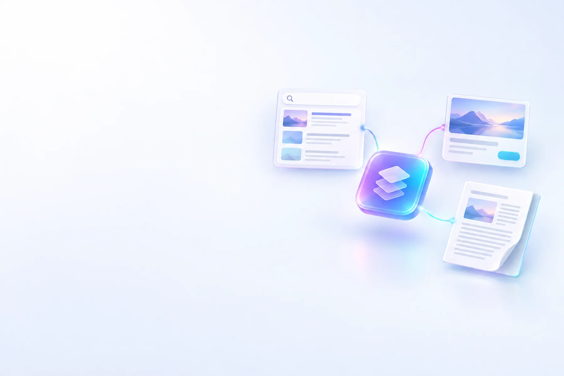 Illustration: A single glossy emblem tile in the middle, with soft glowing threads to a small search result card, an ad card and a folded article page arranged close around it.
