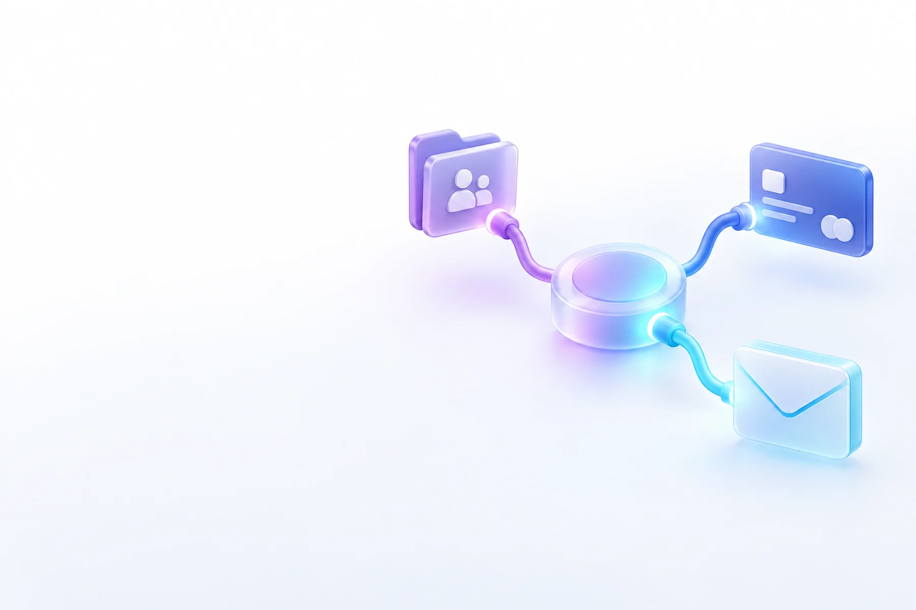 Illustration: A central hub node with three glossy cables reaching out to a small CRM folder icon, a payment card, and an envelope, each plug lit with a soft connection glow.