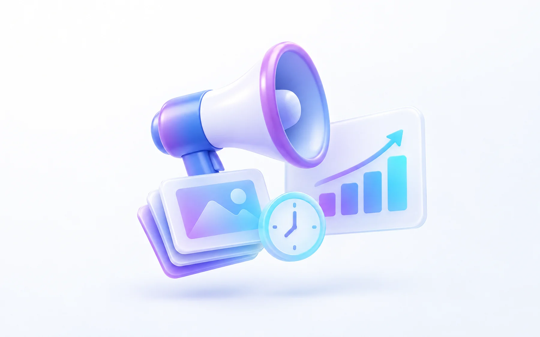 Illustration: A glossy megaphone paired with a small stack of ad-card rectangles and a tiny clock badge showing an early-morning hour, all resting beside a chart card.