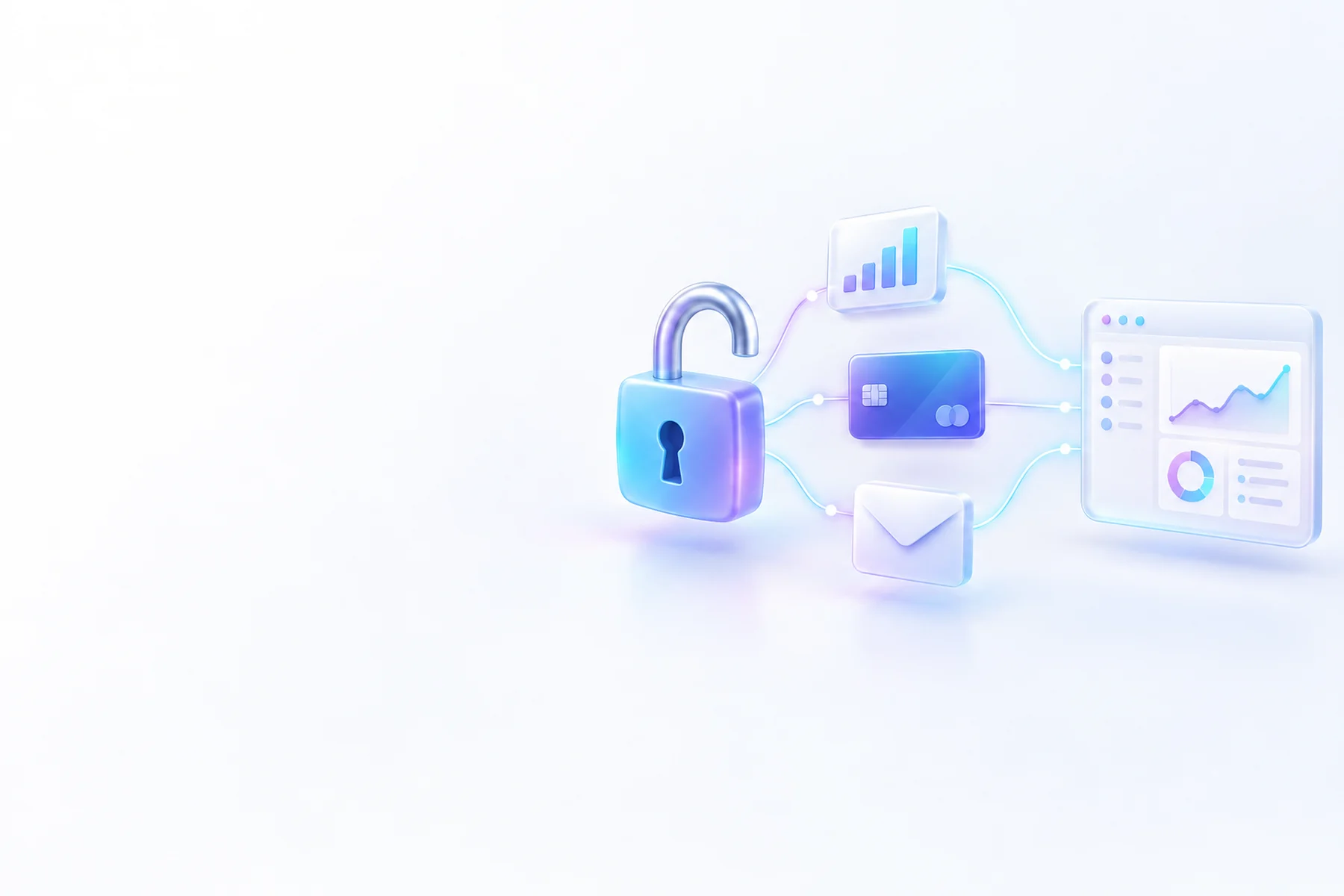 Illustration: A glossy padlock unlocked and connected by soft glowing lines to a small chart card, a payment card, and an envelope, showing granted access flowing into one dashboard.