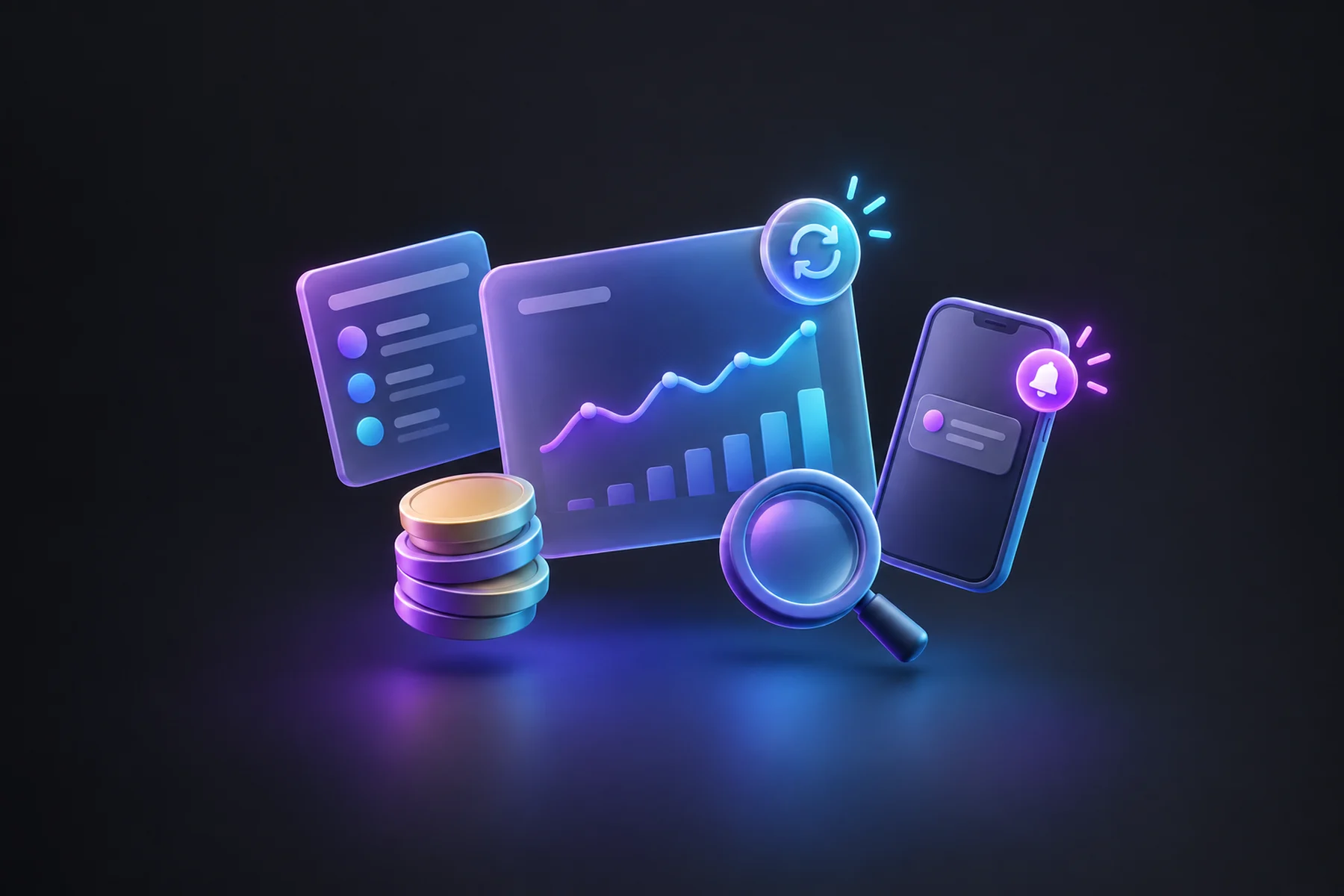 Illustration: A glossy floating chart card showing a fresh timestamp stamp, flanked by a small lead-sheet card, a coin stack, a search magnifying glass, and a phone with a pulsing notification badge, all angled as if just refreshed.