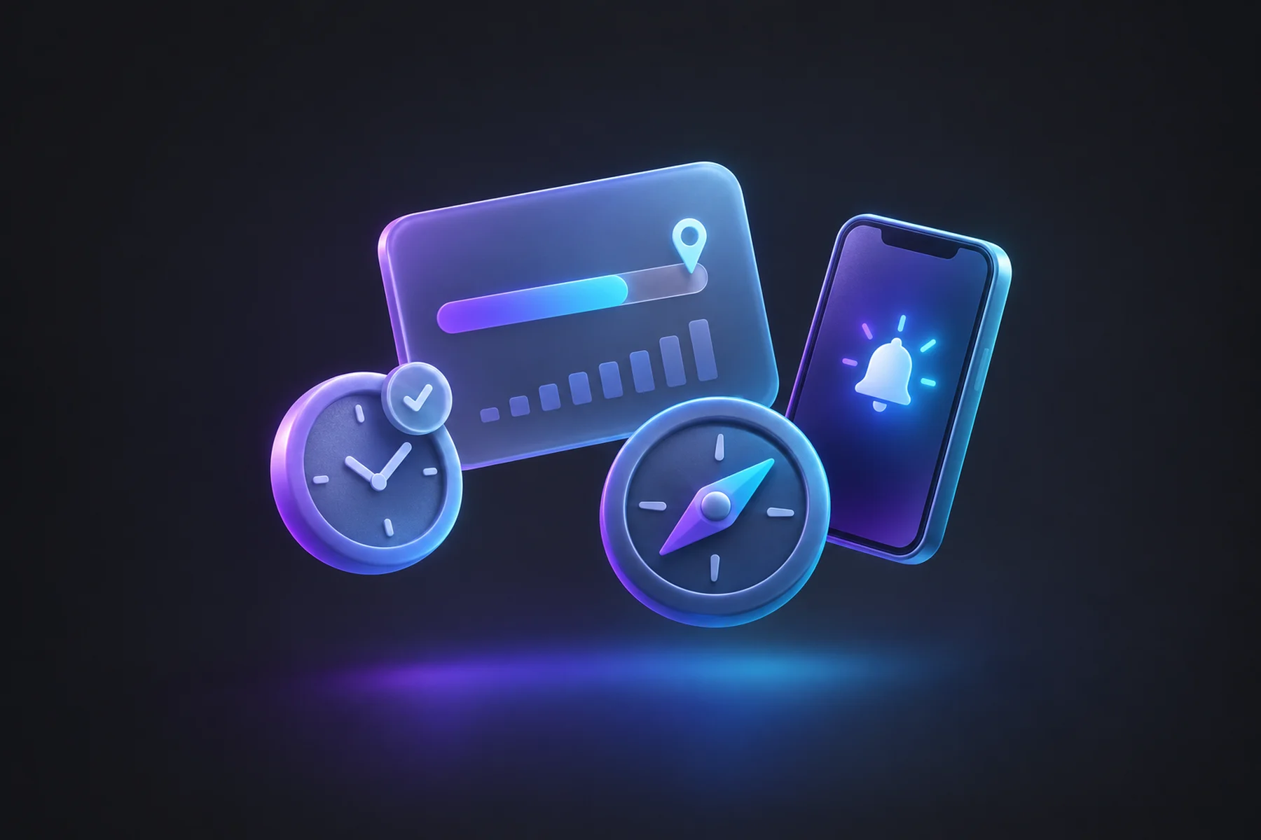 Illustration: A floating chart card with a progress bar toward a goal marker, a small stamped clock badge, a compass or steering wheel icon representing direction, and a phone showing a glowing notification.