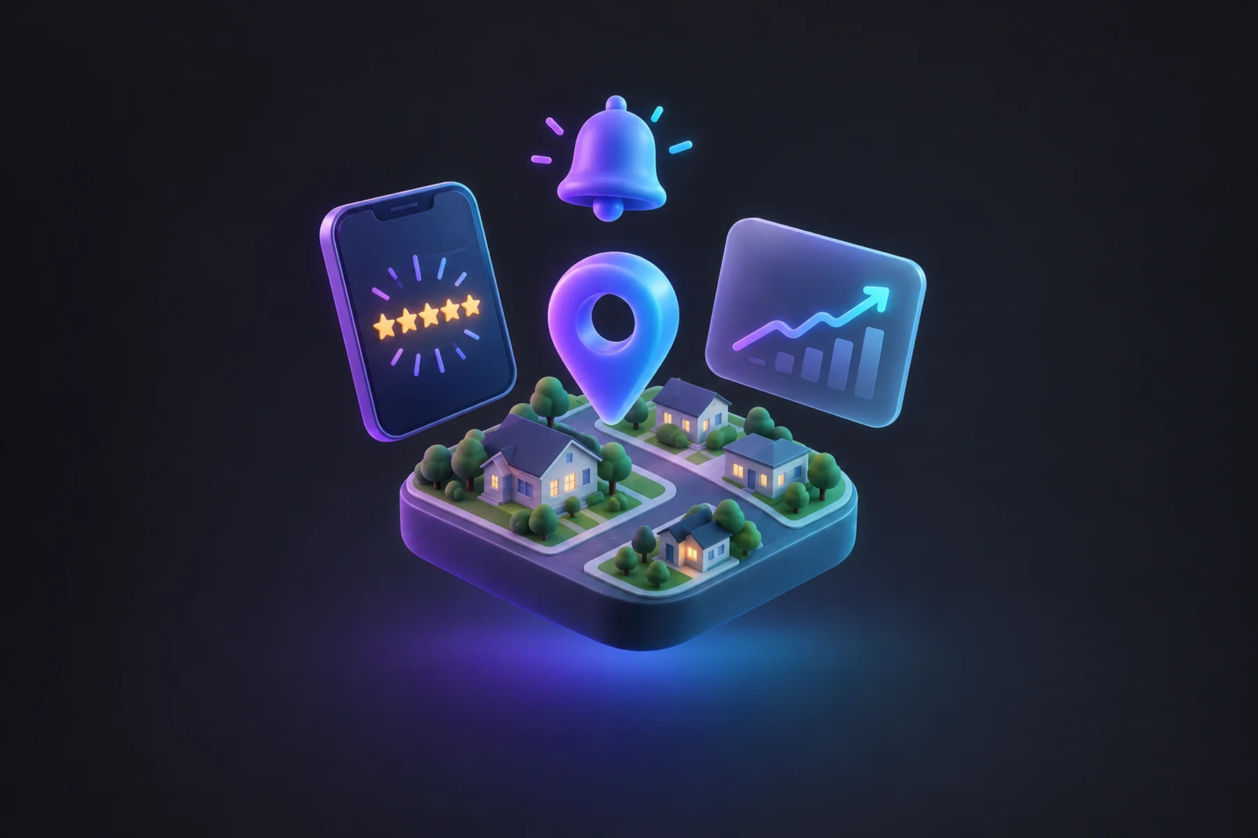 Illustration: A floating map pin over a small neighborhood block, a glossy phone showing a star-rating burst, a chart card with an upward line, and a small bell notification hovering above them all.