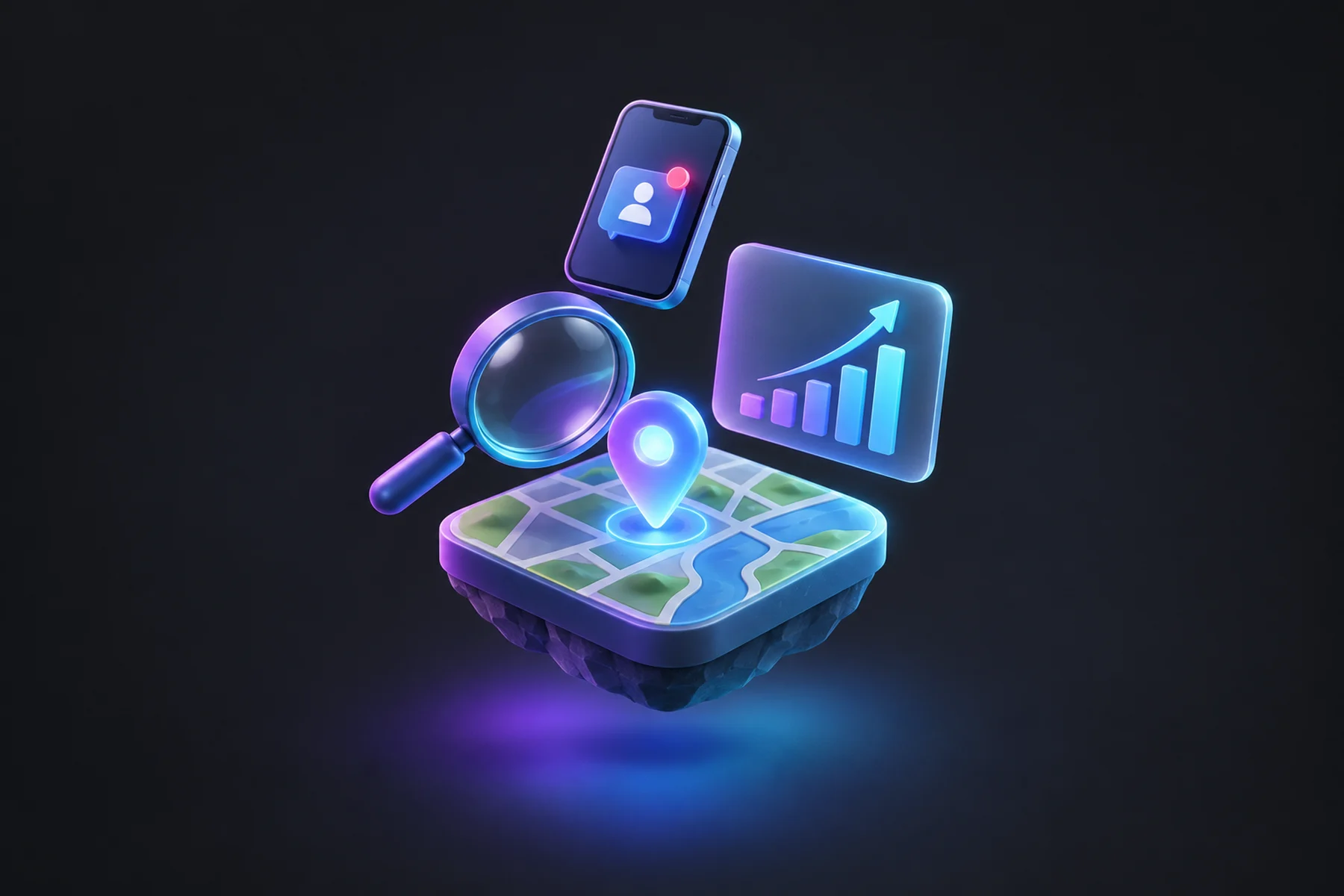 Illustration: A small floating map tile with a glowing pin, a magnifying glass hovering over it, a chart card climbing upward, and a phone above showing a lead notification badge.