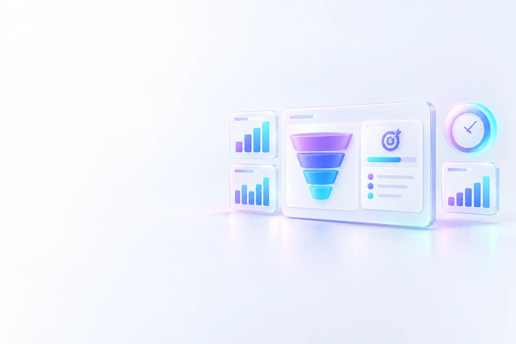 Illustration: A wide dashboard card showing a funnel chart and a goals tile, flanked by two smaller stacked cards of bar charts and a rounded clock badge glowing with a synced timestamp.