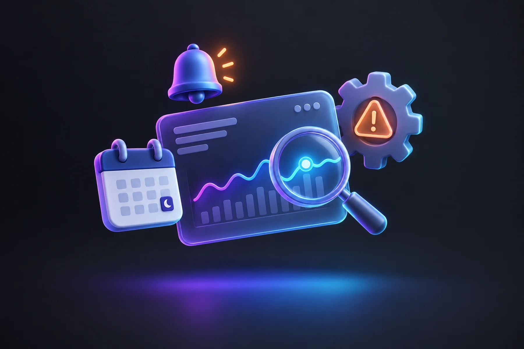 Illustration: A floating dashboard card with a small alert bell, a calendar page marking a single night, a gear with a warning glint, and a magnifying glass hovering over a highlighted chart line.
