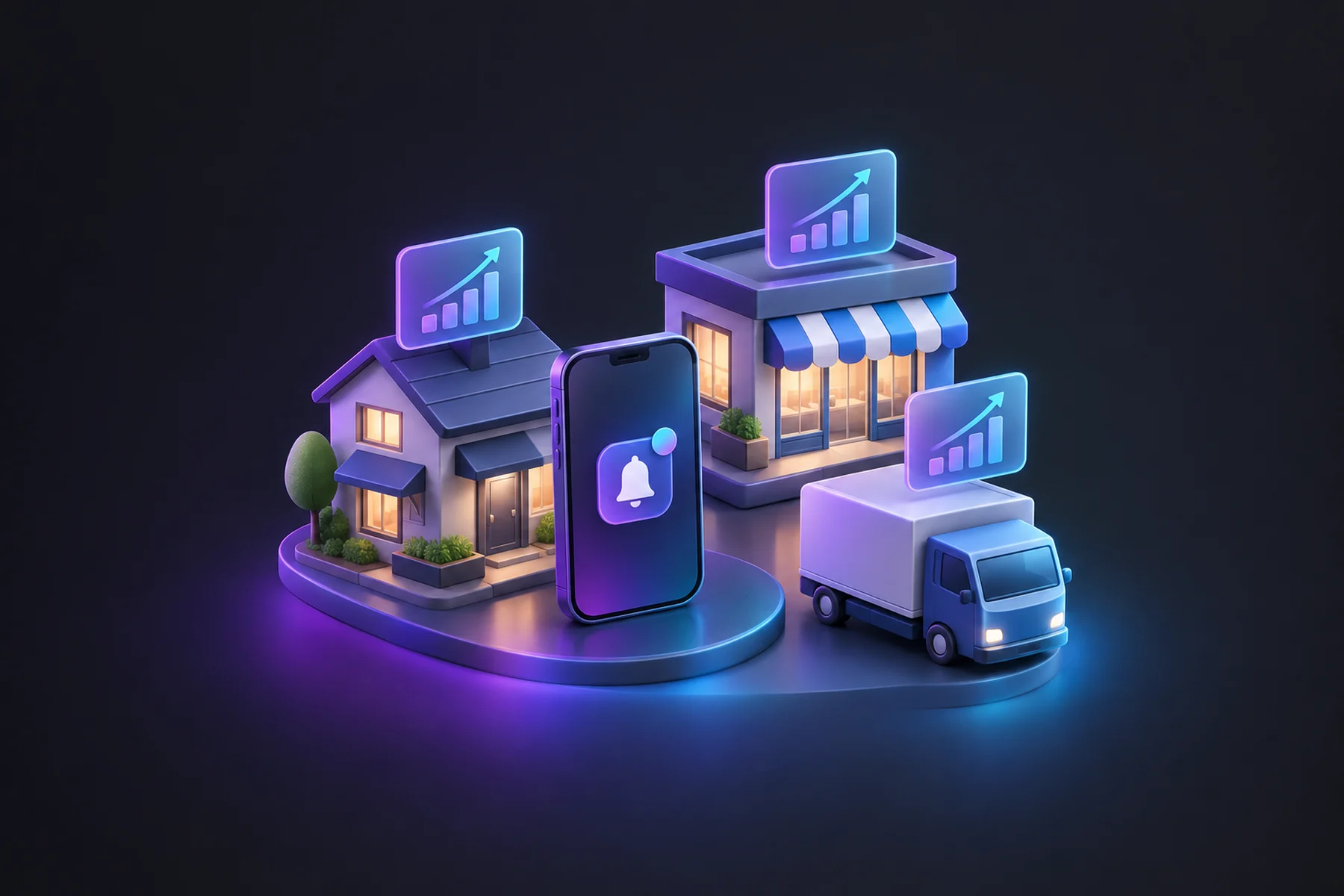 Illustration: A small cluster of two distinct house-and-storefront buildings and a delivery truck arranged near each other, each topped with its own separate glowing chart card, unified by a single phone showing one combined notification badge.