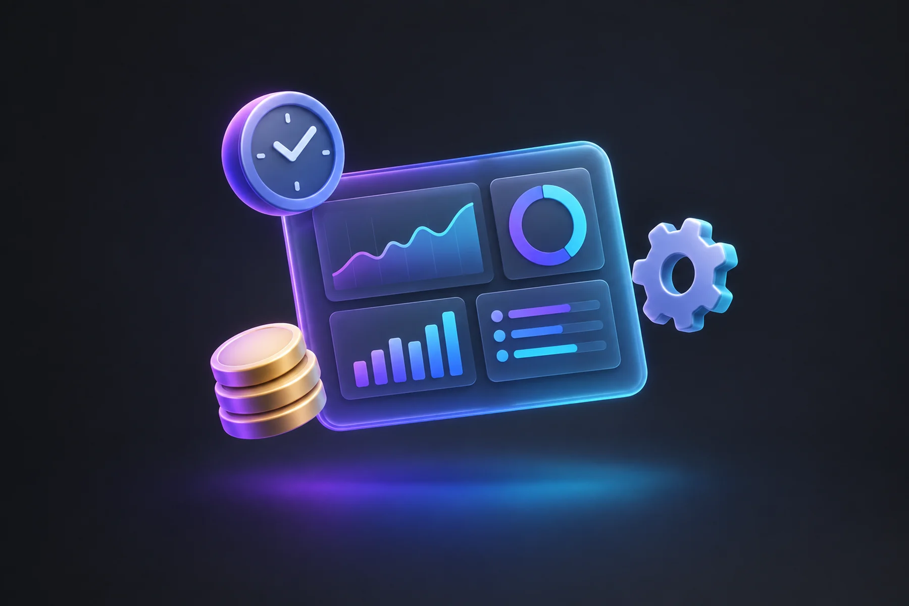 Illustration: A floating glossy screen displaying a dashboard of chart cards and gauges, orbited by a small stamped clock badge, a coin stack, and a gear, showing work landing in one place.
