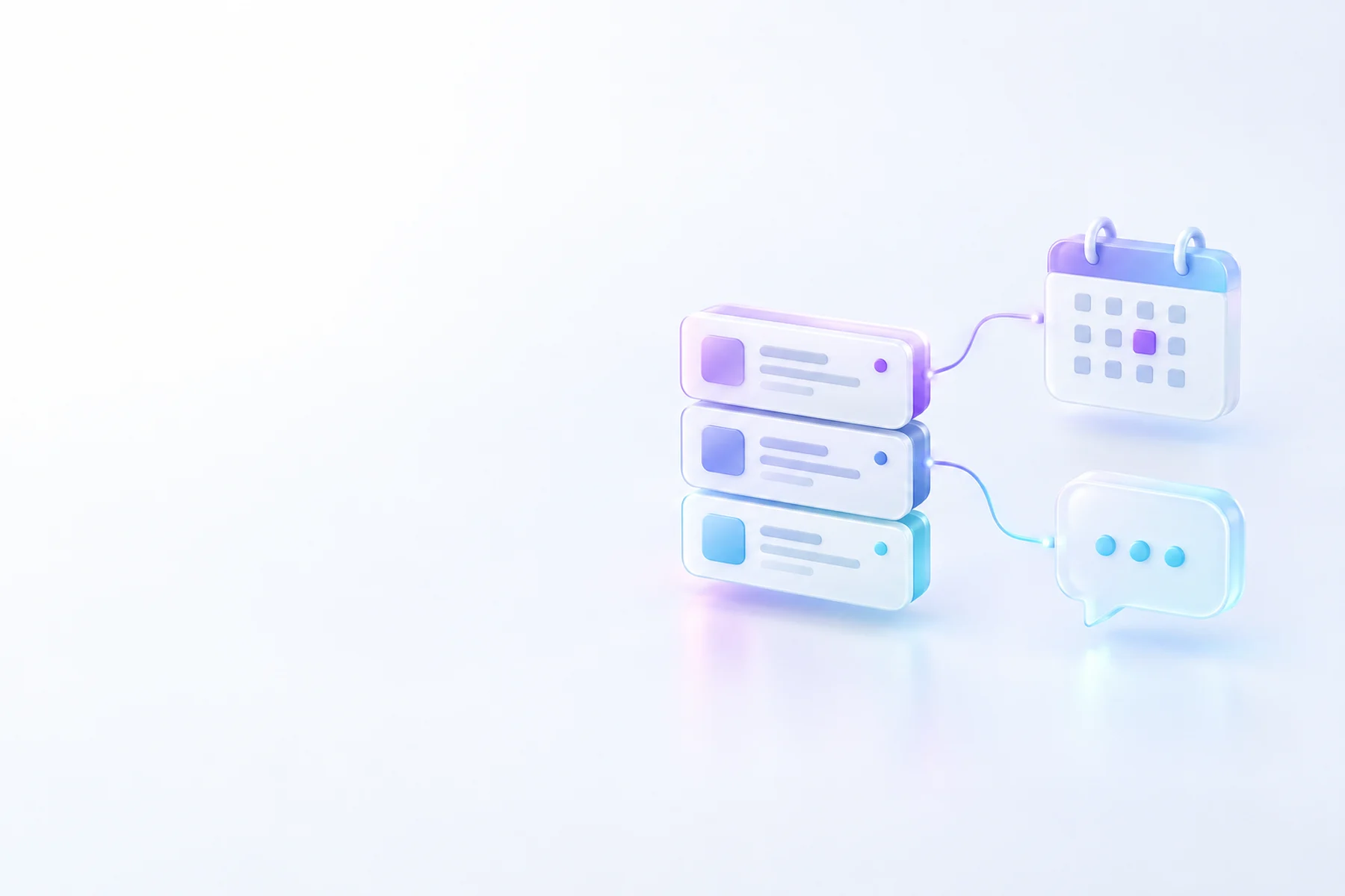 Illustration: a stack of product cards linked by thin glowing lines to a calendar card and a chat bubble.