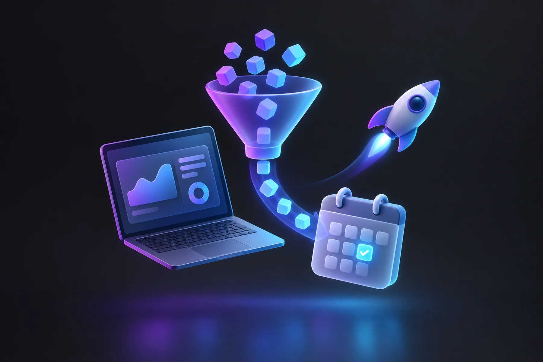 Illustration: a floating laptop with an abstract dashboard card, glowing cubes flowing through a funnel into a calendar card, and a small rocket.