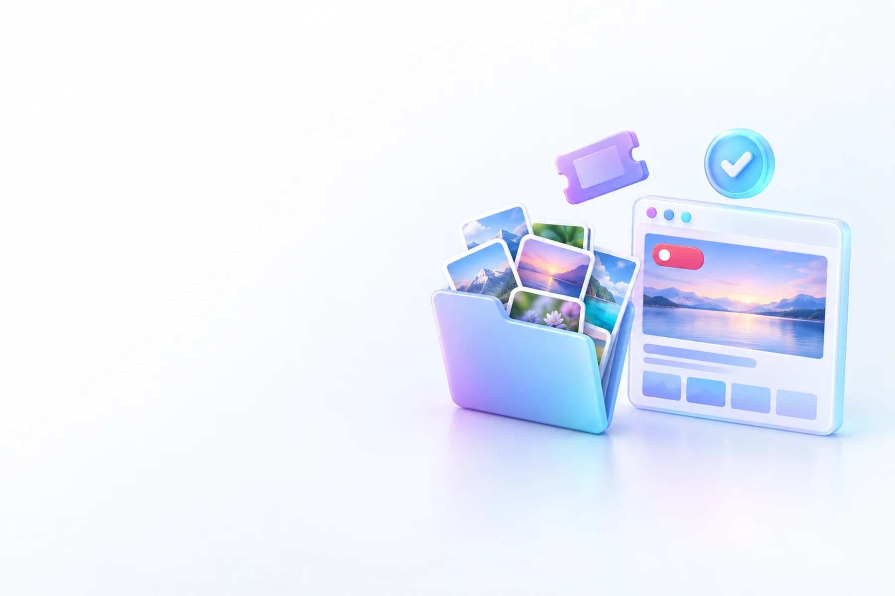 Illustration: An open folder overflowing with small glossy photo squares sits beside a browser window showing a Live badge, with a small ticket tag and a checkmark stamp floating above.