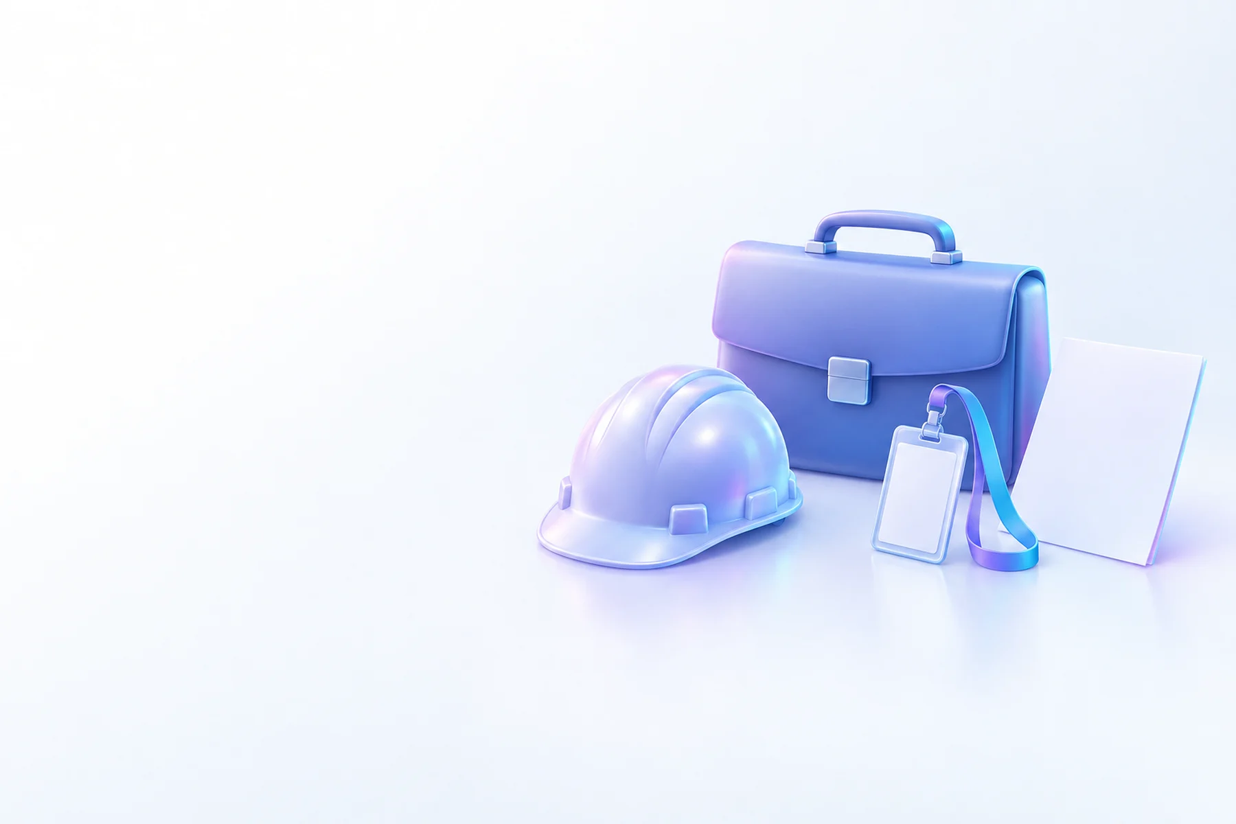 Illustration: a briefcase, a safety helmet, an ID badge on a lanyard and a blank sheet of paper.