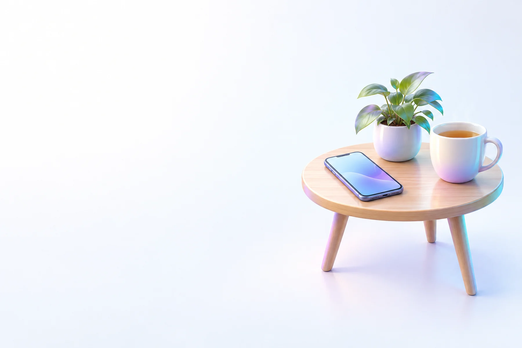Illustration: a phone resting on a small round wooden side table beside a potted plant and a mug of tea.