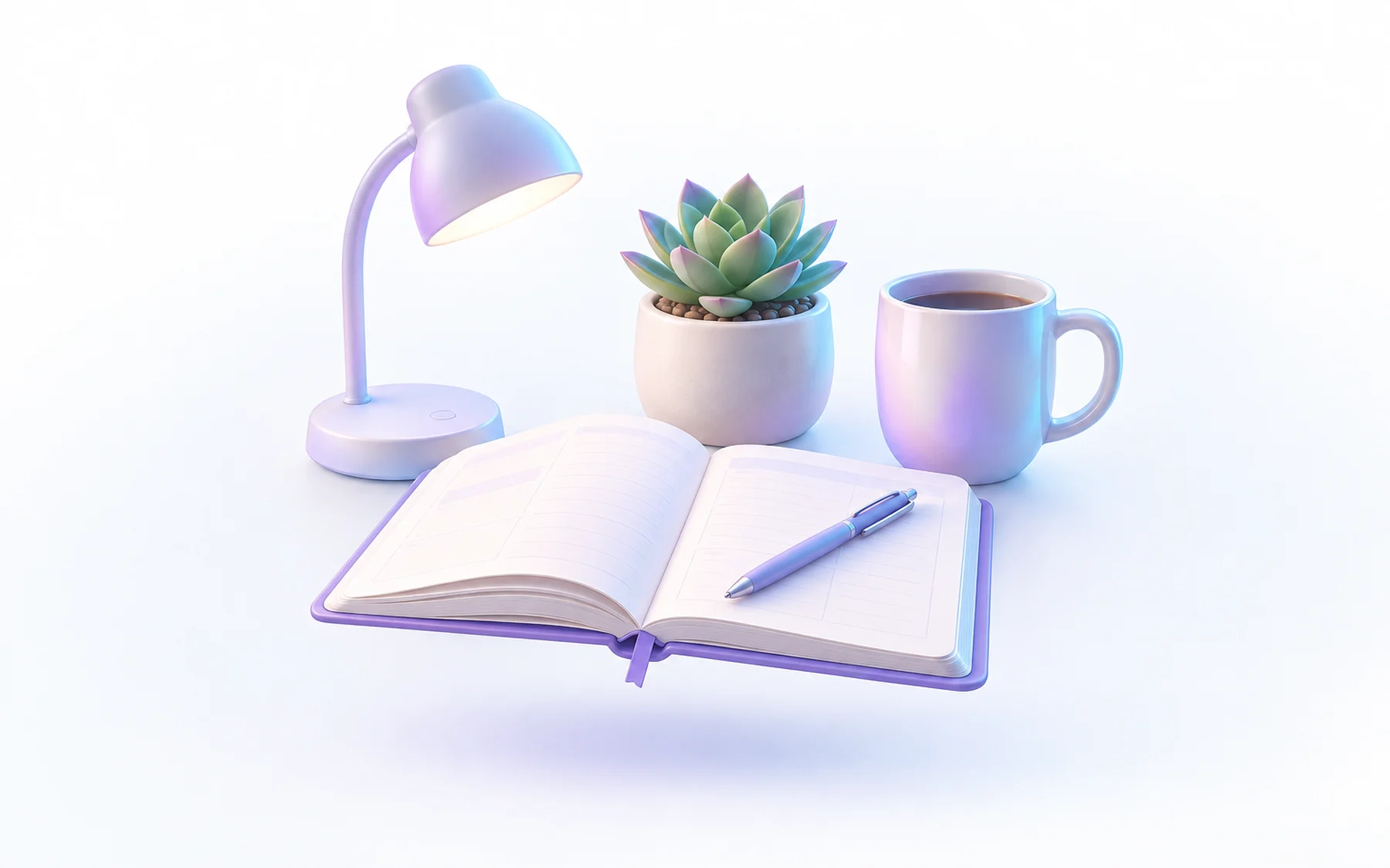 Illustration: an open planner with a pen, a desk lamp, a potted succulent and a mug of coffee.