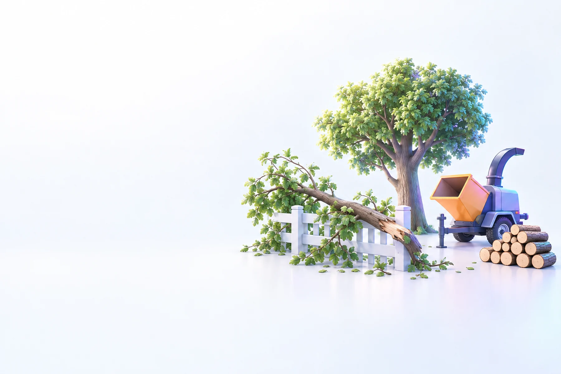 Illustration: a broken limb across a garden fence beside a tree, a wood chipper and a stack of cut rounds.