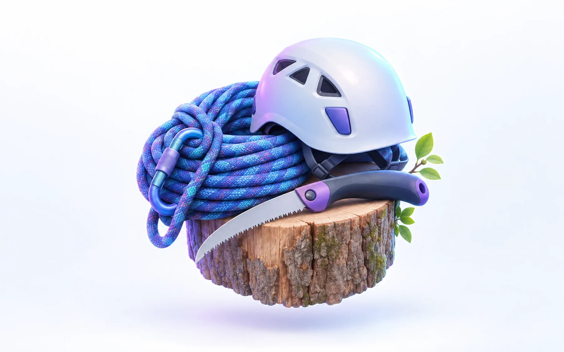Illustration: a coiled climbing rope, a helmet and a pruning saw resting on a stump.