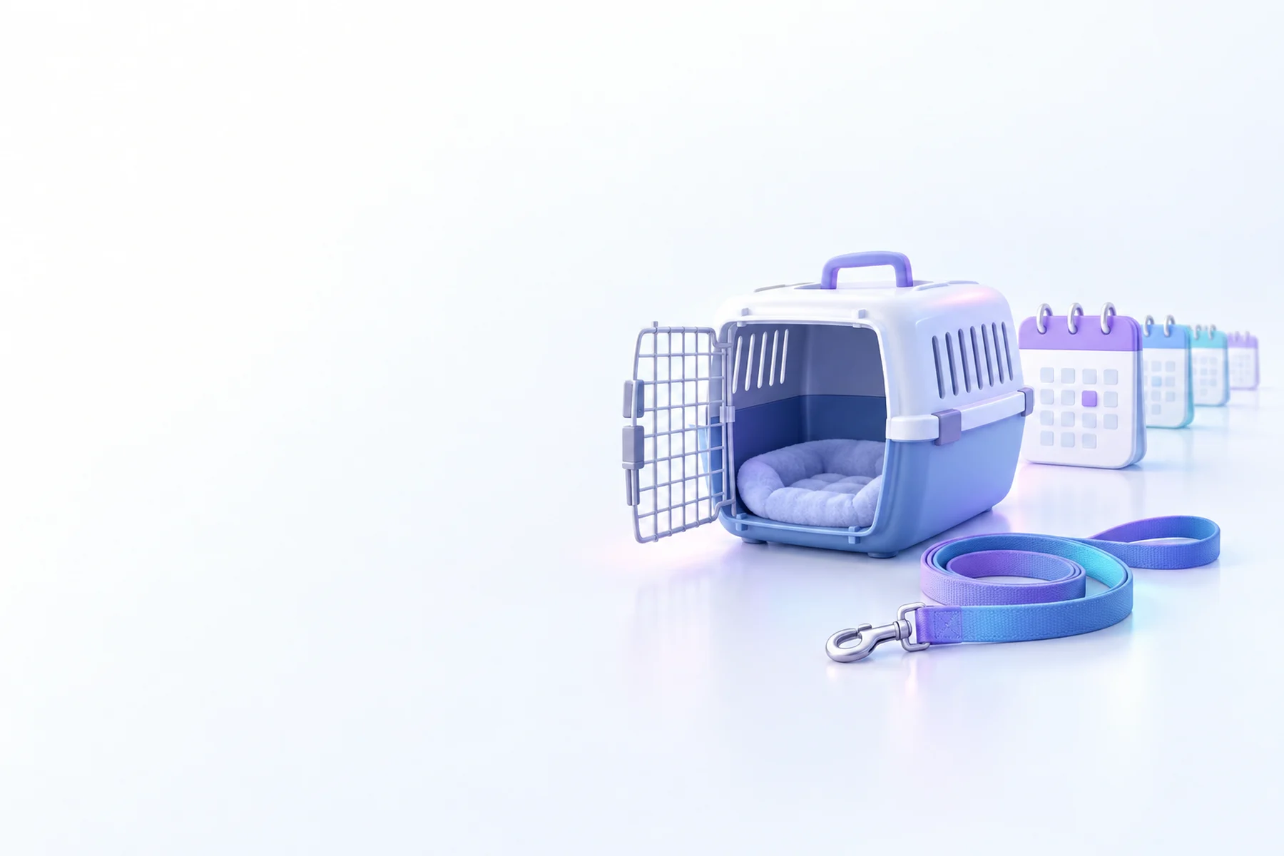 Illustration: an open pet carrier and a leash beside a row of calendar tiles.
