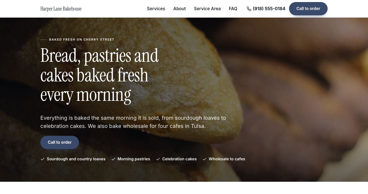 The home page of Harper Lane Bakehouse, a made-up bakery the TruLata site builder made