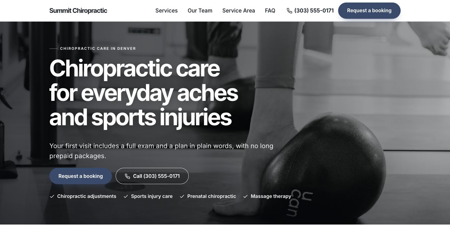 The home page of Summit Chiropractic, a made-up chiropractic practice the TruLata site builder made