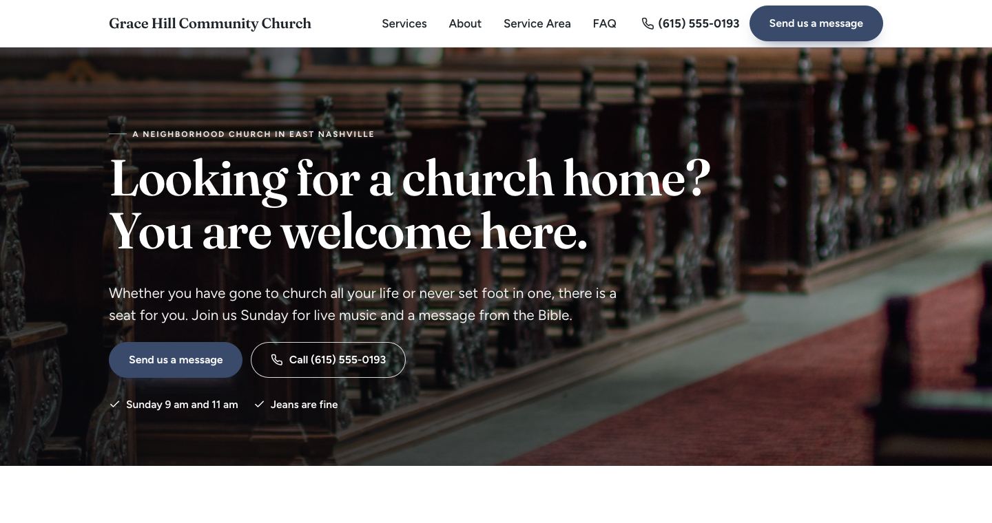 The home page of Grace Hill Community Church, a made-up church the TruLata site builder made