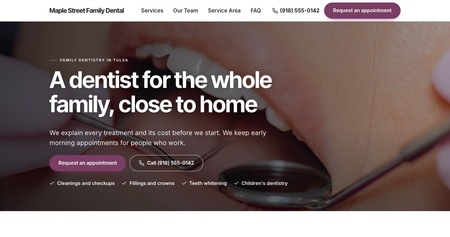 The home page of Maple Street Family Dental, a made-up dental practice the TruLata site builder made