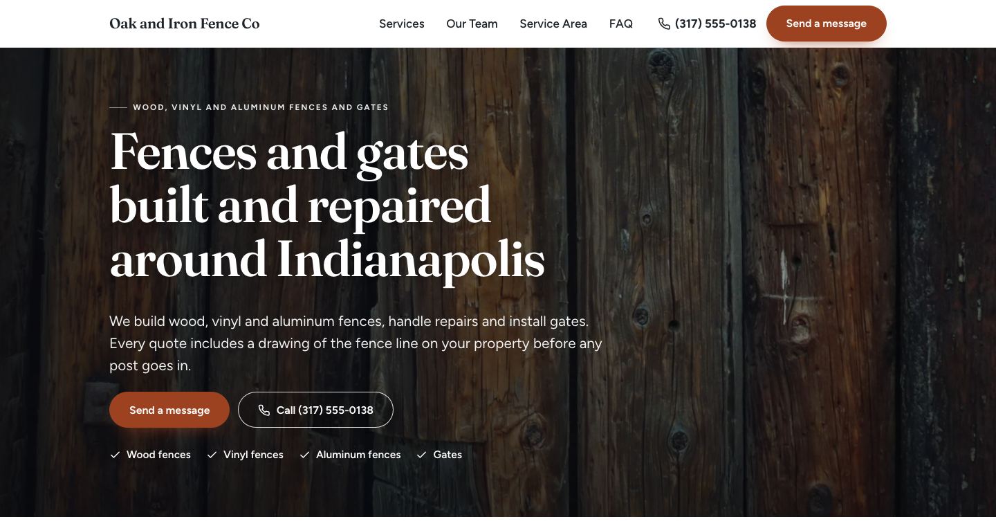 The home page of Oak and Iron Fence Co, a made-up fence company the TruLata site builder made
