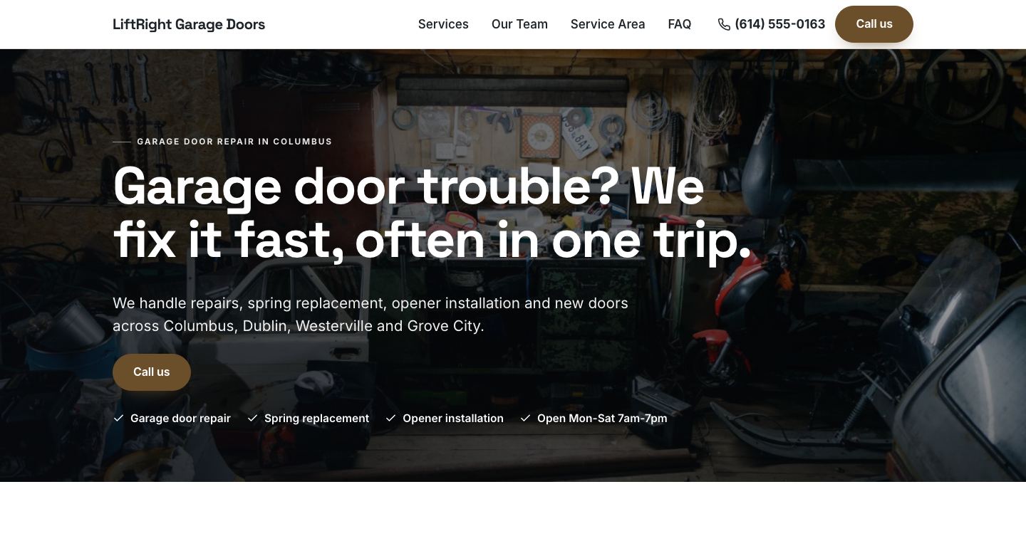 The home page of LiftRight Garage Doors, a made-up garage door company the TruLata site builder made