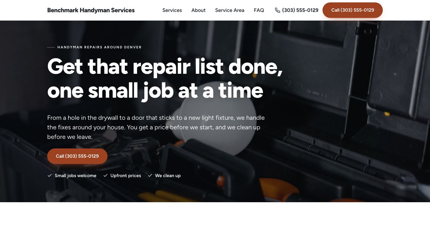 The home page of Benchmark Handyman Services, a made-up handyman business the TruLata site builder made