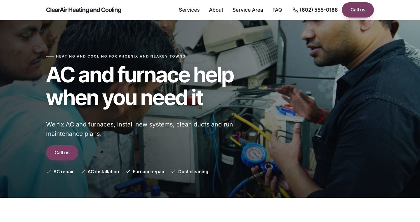 The home page of ClearAir Heating and Cooling, a made-up heating and cooling company the TruLata site builder made