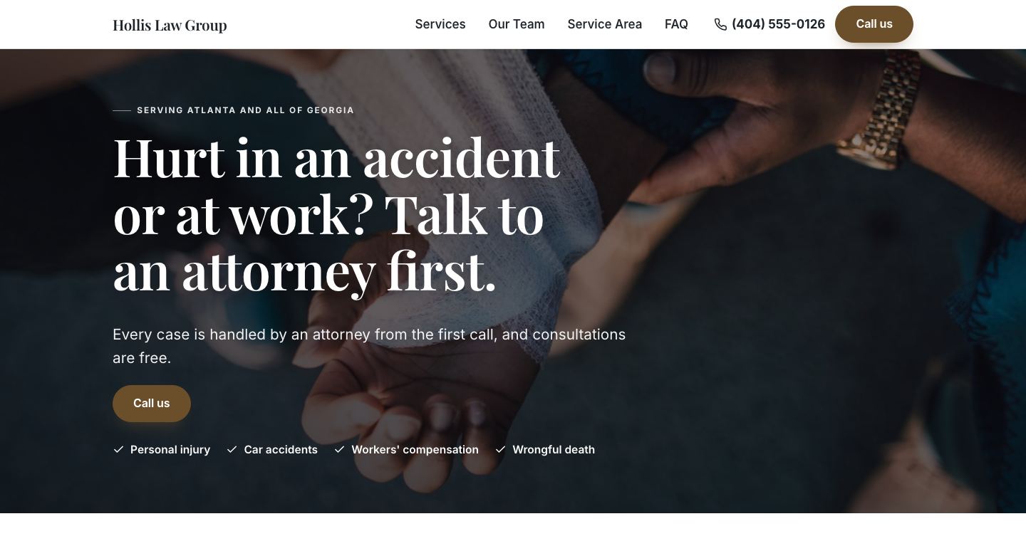 The home page of Hollis Law Group, a made-up law firm the TruLata site builder made
