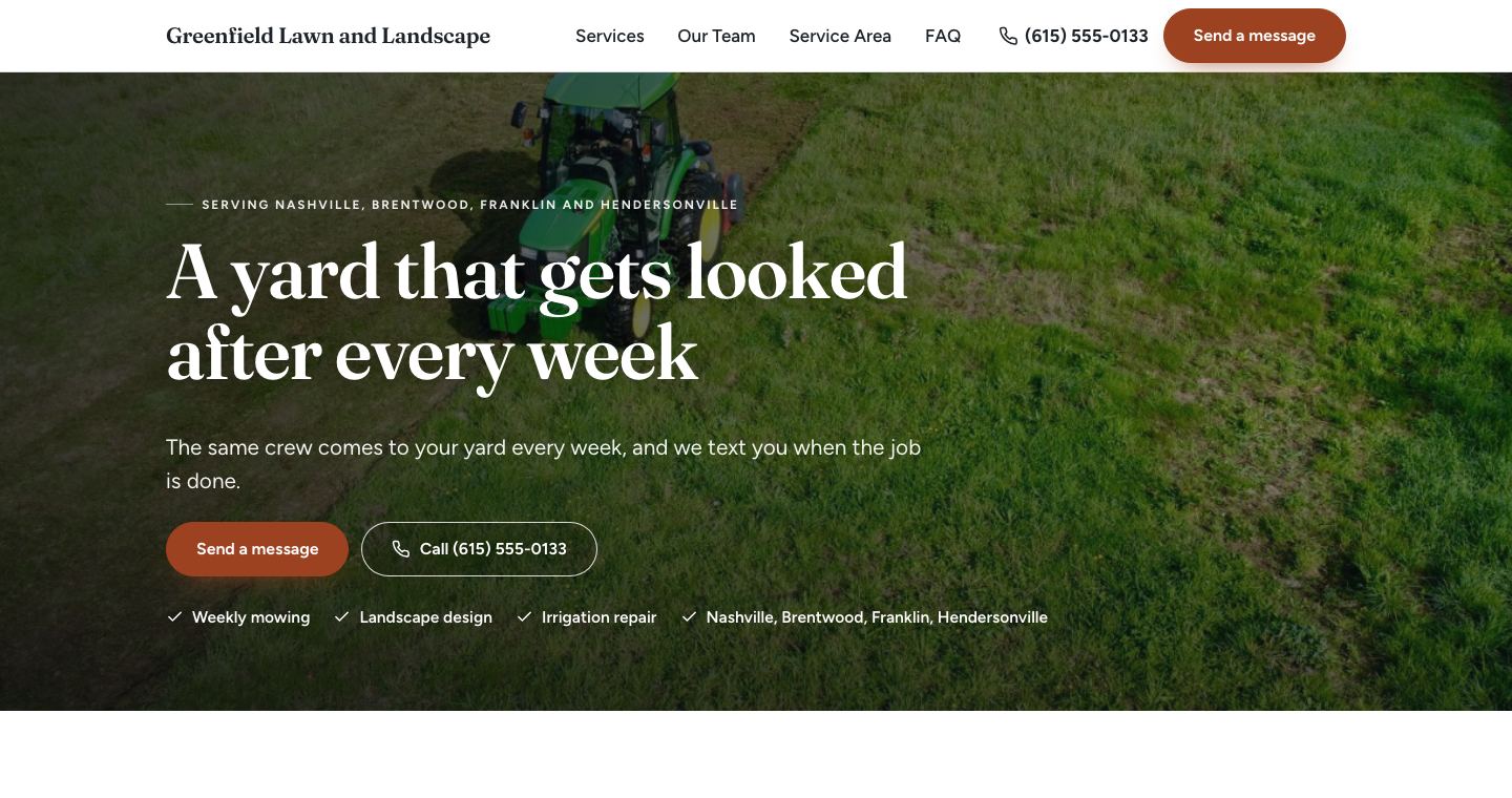 The home page of Greenfield Lawn and Landscape, a made-up lawn care and landscaping company the TruLata site builder made