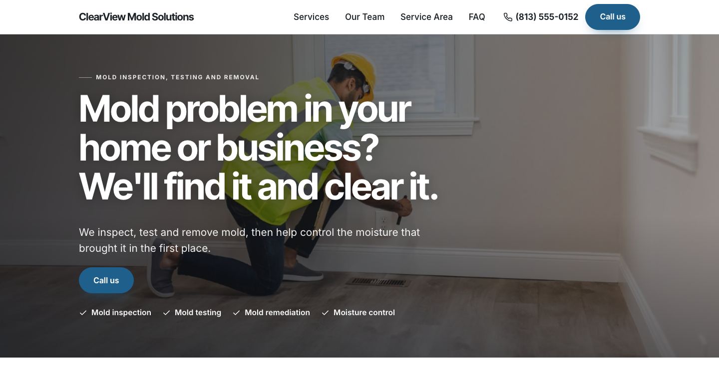 The home page of ClearView Mold Solutions, a made-up mold remediation company the TruLata site builder made