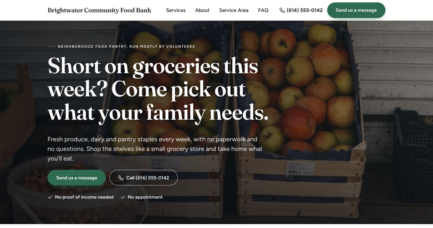 The home page of Brightwater Community Food Bank, a made-up nonprofit the TruLata site builder made