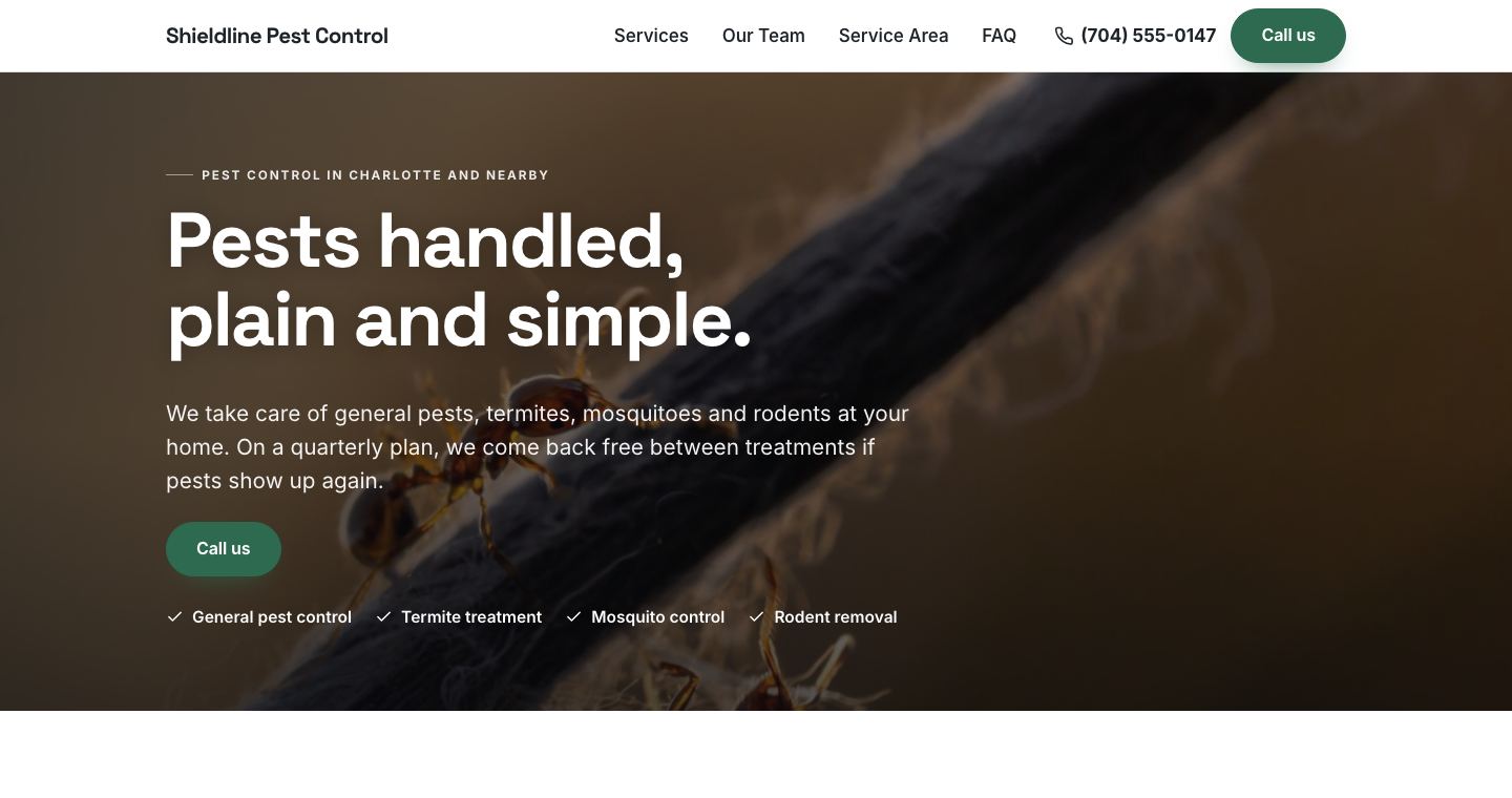 The home page of Shieldline Pest Control, a made-up pest control company the TruLata site builder made
