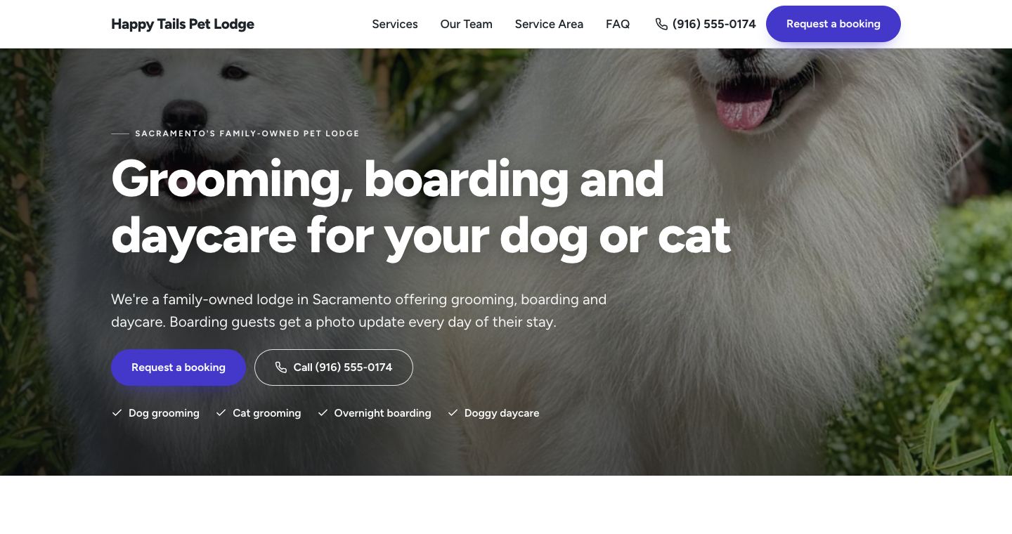 The home page of Happy Tails Pet Lodge, a made-up grooming and boarding business the TruLata site builder made