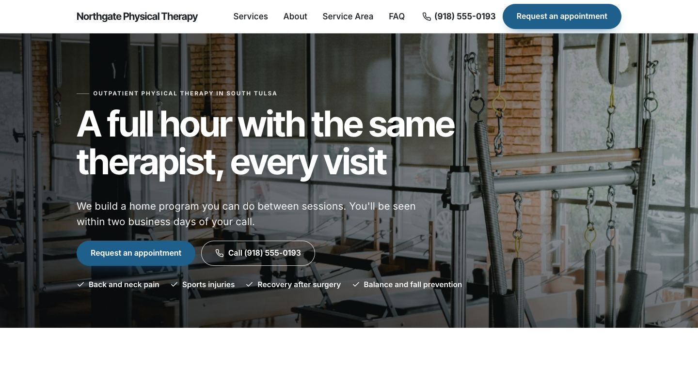 The home page of Northgate Physical Therapy, a made-up physical therapy clinic the TruLata site builder made