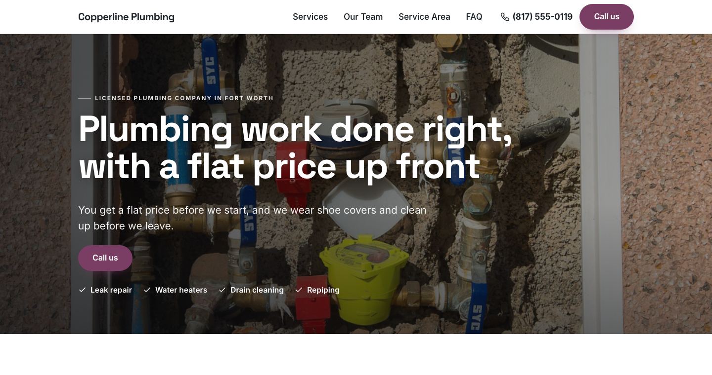 The home page of Copperline Plumbing, a made-up plumbing company the TruLata site builder made